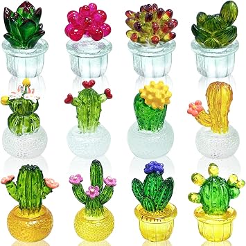 Yajuo 12pcs Miniature Cactus Resin Figurine, Blown Glass Decoration, Cute Cactus Decoration for Car Dashboard Accessories, Handmade Crystal Figurine Ornament for Home Decoration