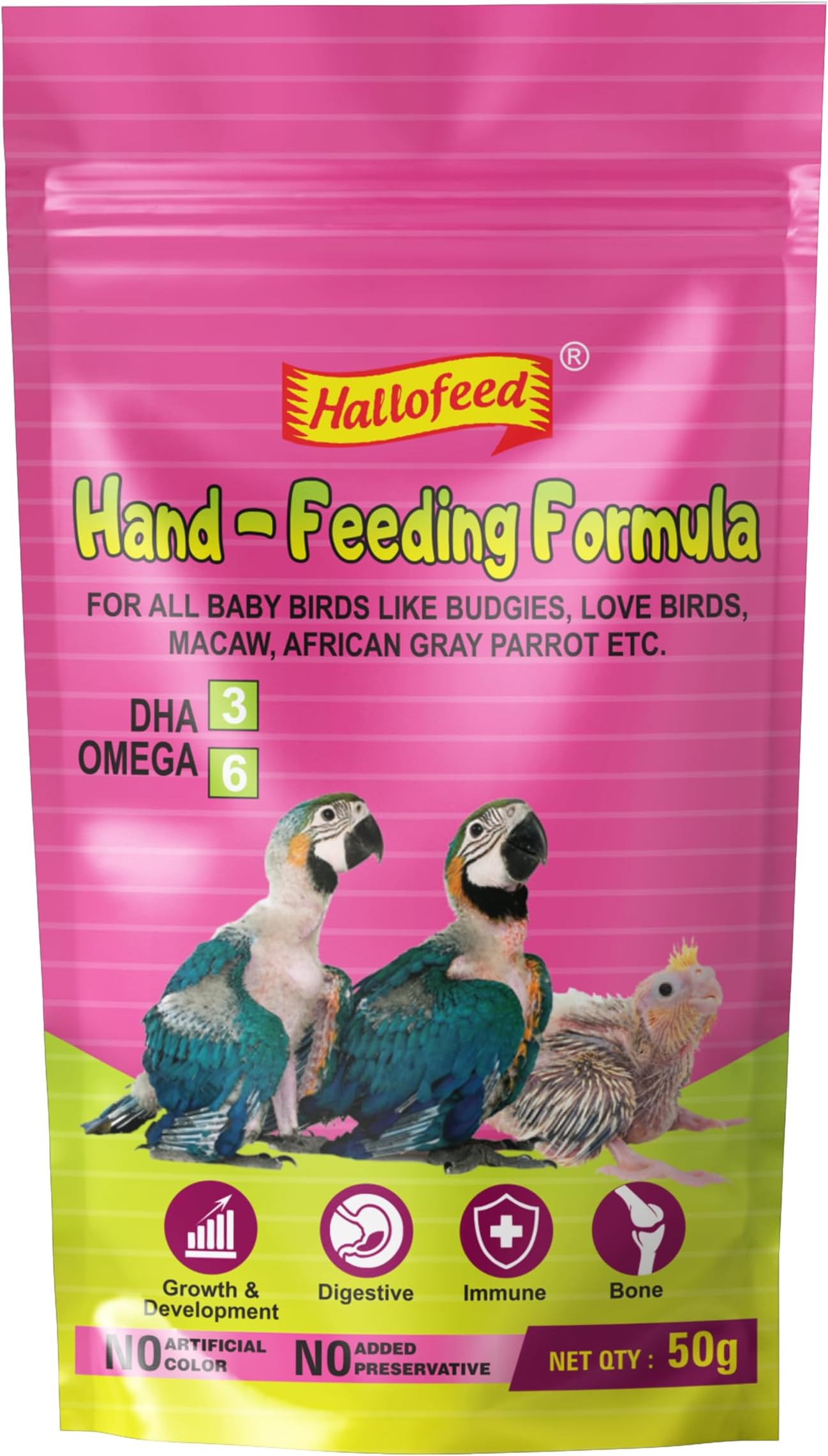 Hallofeed Hand-Feeding Formula for Baby Birds - Powder, 50 gm, for Exotic Chicks Like Budgies, Cockatiel, Lovebird, African Grey Parrot, Sunconure