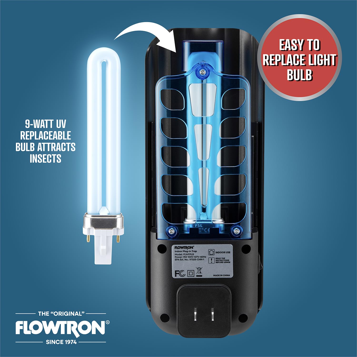 Flowtron Fliegenfalle für den Innenbereich, 9W UV-Licht Elektrische Insektenfalle mit Klebebrett - Stille Mücke, Mücken & Fruchtfliegenfänger, 375 m² Abdeckung (Schwarz)