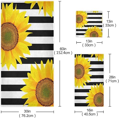 Miniatura 3 de Juego de toallas de baño de 3 piezas, toallas de baño suaves y altamente absorbentes, girasoles en blanco y negro, toallas de calidad con estampado