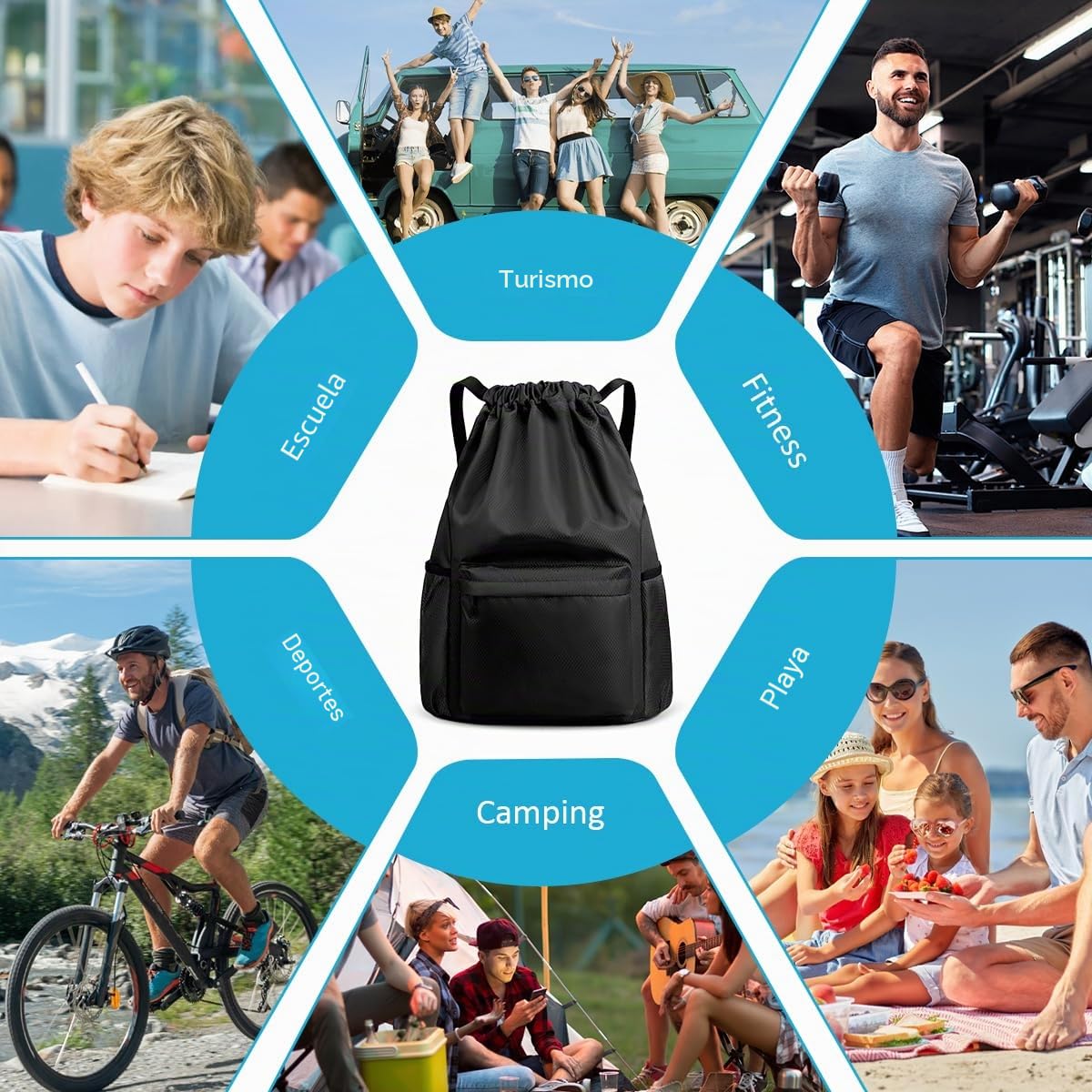 Mochila Deportiva con Cordón, Unisex, Gran Capacidad, Impermeable | Con Compartimentos, Ajustable, Para Deporte, Escolar, Gimnasio, Casual, Viaje, Playa