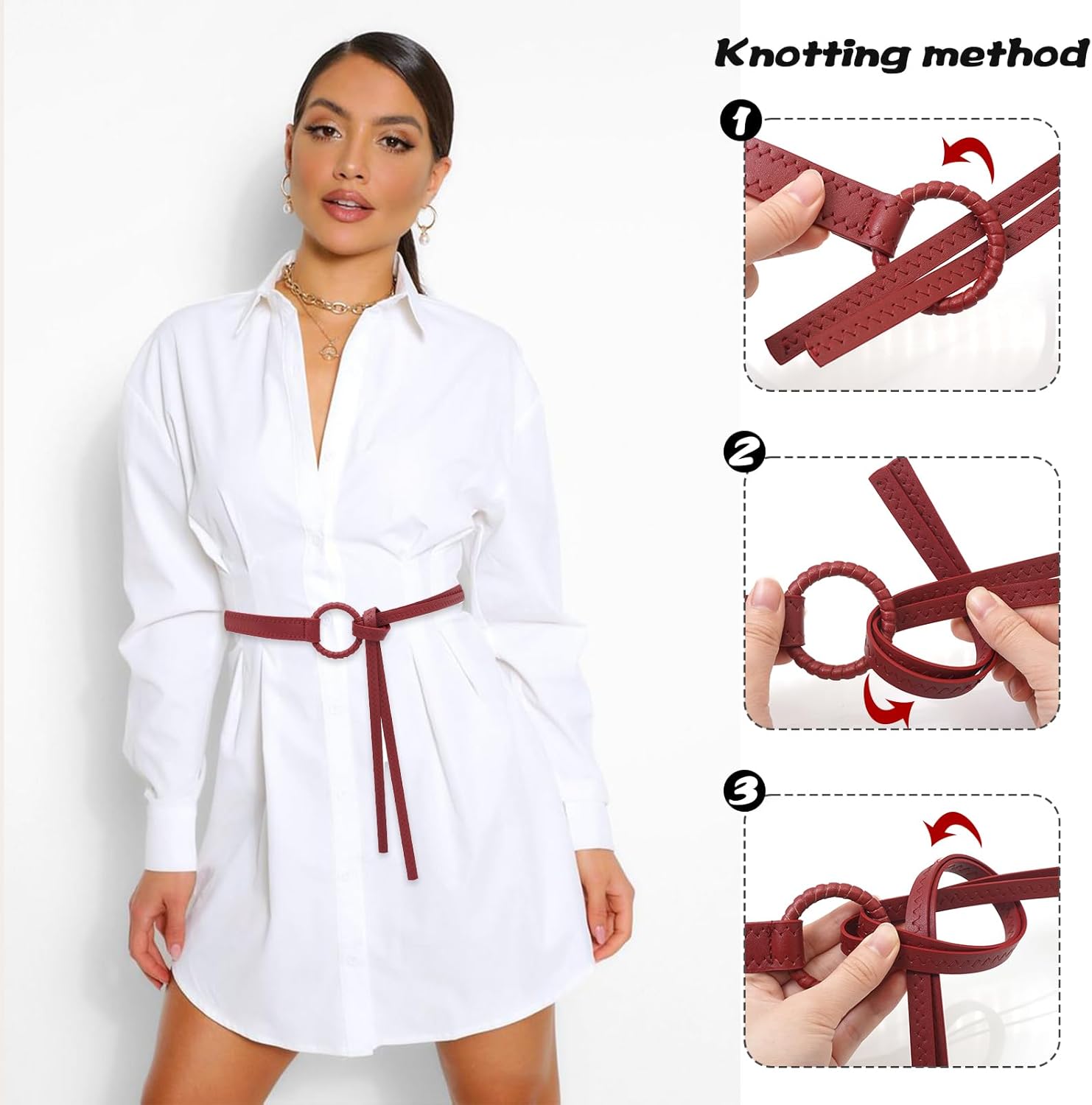 Skinny Thin Belt for Women PU Leather Knotted Waist Belts for Dresses - Image 2