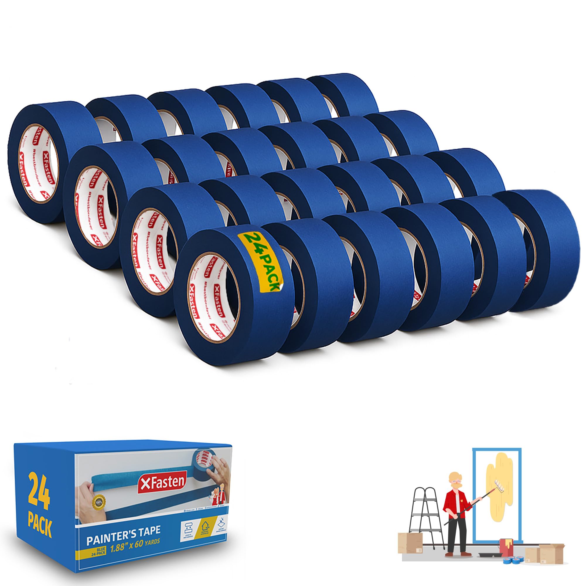 XFasten Blue Painters Tape Bulk, 1.88 Inch x 60 Yards, 1440 Yards Total (24-Pack) Blue Painters Masking Tape Bulk - Sharp Edge Line Technology, Produces Sharp Lines | Residue-Free Wall Trim Tape