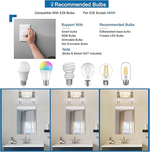 Miniatura 8 de Lámparas de baño de 2 luces, accesorios de iluminación de baño de níquel cepillado sobre el espejo, moderna lámpara de tocador de baño con pantalla
