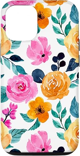 Funda floral de acuarela rosa frambuesa para iPhone 14 con flores de caléndula naranja