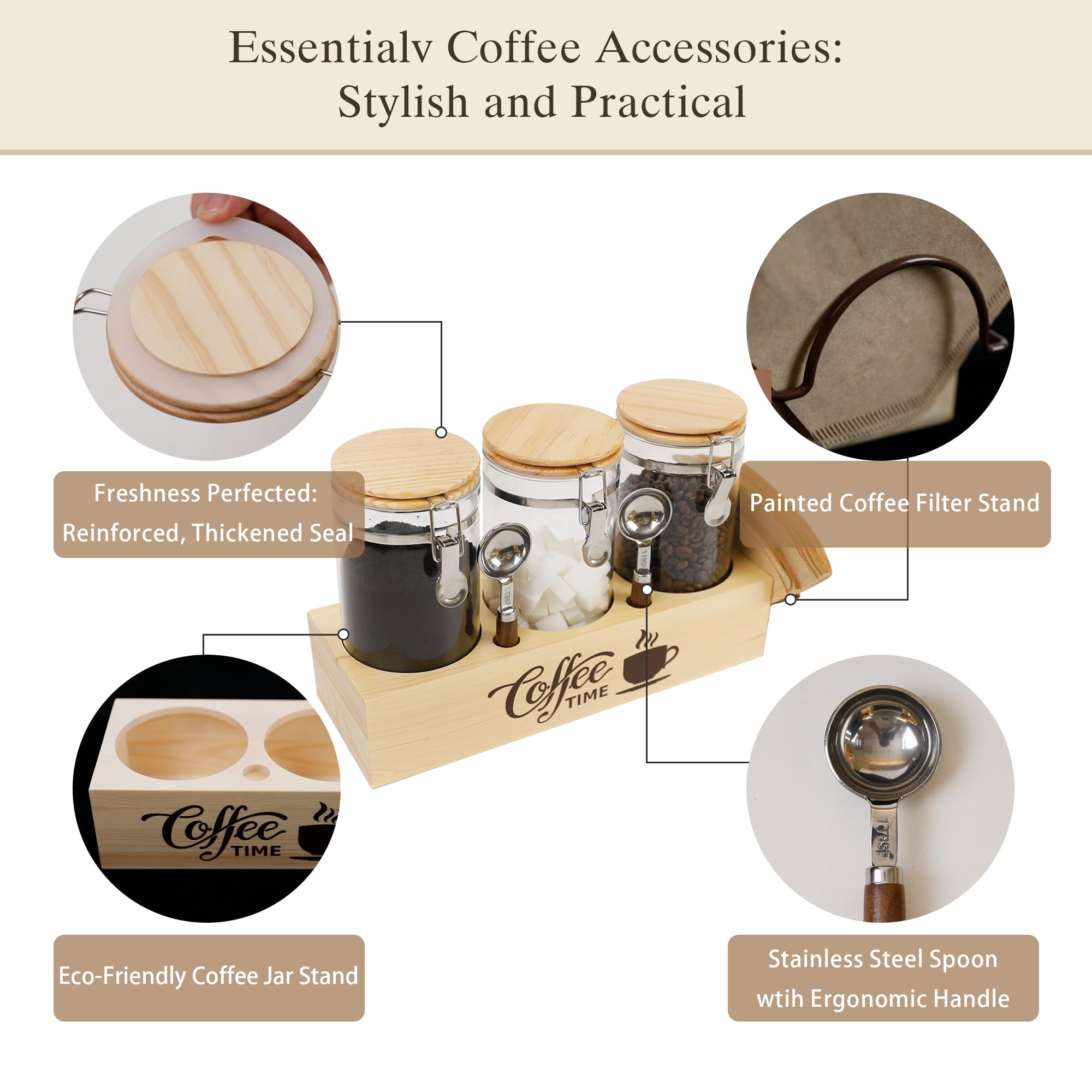 Kaffeedosen-Set aus Glas mit Ablage und Löffeln, 3-teilig, luftdicht verschließbar, Kaffeebohnen-Aufbewahrungsbehälter und Filterhalter für die Küchenorganisation