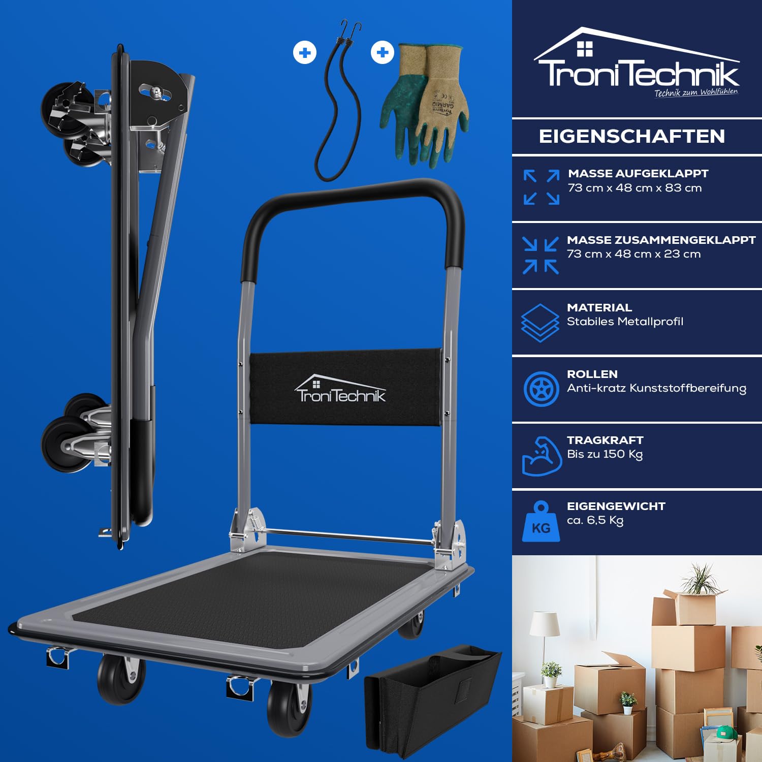 TroniTechnik® Transportwagen Paketwagen Plattformwagen klappbar mit Lenkrollen 150 kg Tragkraft mit Antirutschbeschichtung, Griffpolster, Halterungen - Ladefläche 72x48 cm