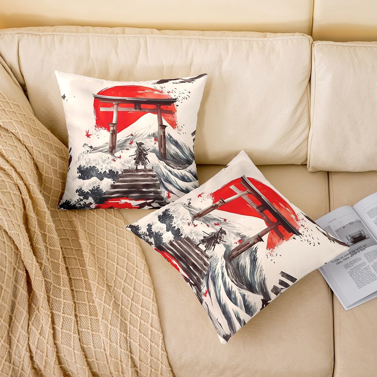 Homemissing Japanese Ukiyoe Cushion Covers Set of 2 40x40cm For Sofa Couch Chair Kids Boys Girls Adults Japanese Style Pillow Covers Japan Samurai Cushion Case Red Sunset Sea Waves Pillow Cases - Image 2