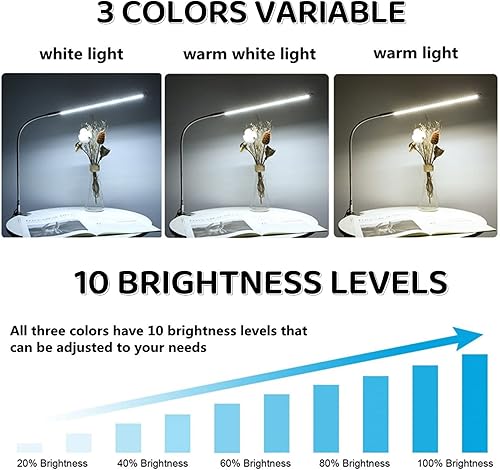 Miniatura 2 de lishumei Lámpara de escritorio con abrazadera, 8 W, 3 modos, 10 brillo, rotación de 360, luz de lectura para cuidado de los ojos y lámparas LED UV