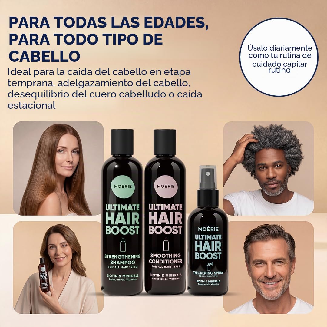 Moerie Mineral Shampoo y Condicionador con Hair Spray Mega Pack – El Set Último Hair Care para Cabello Largo, Fuerte y Voluminoso - Productos Vegetales – Sin Parabens ni Siliconas