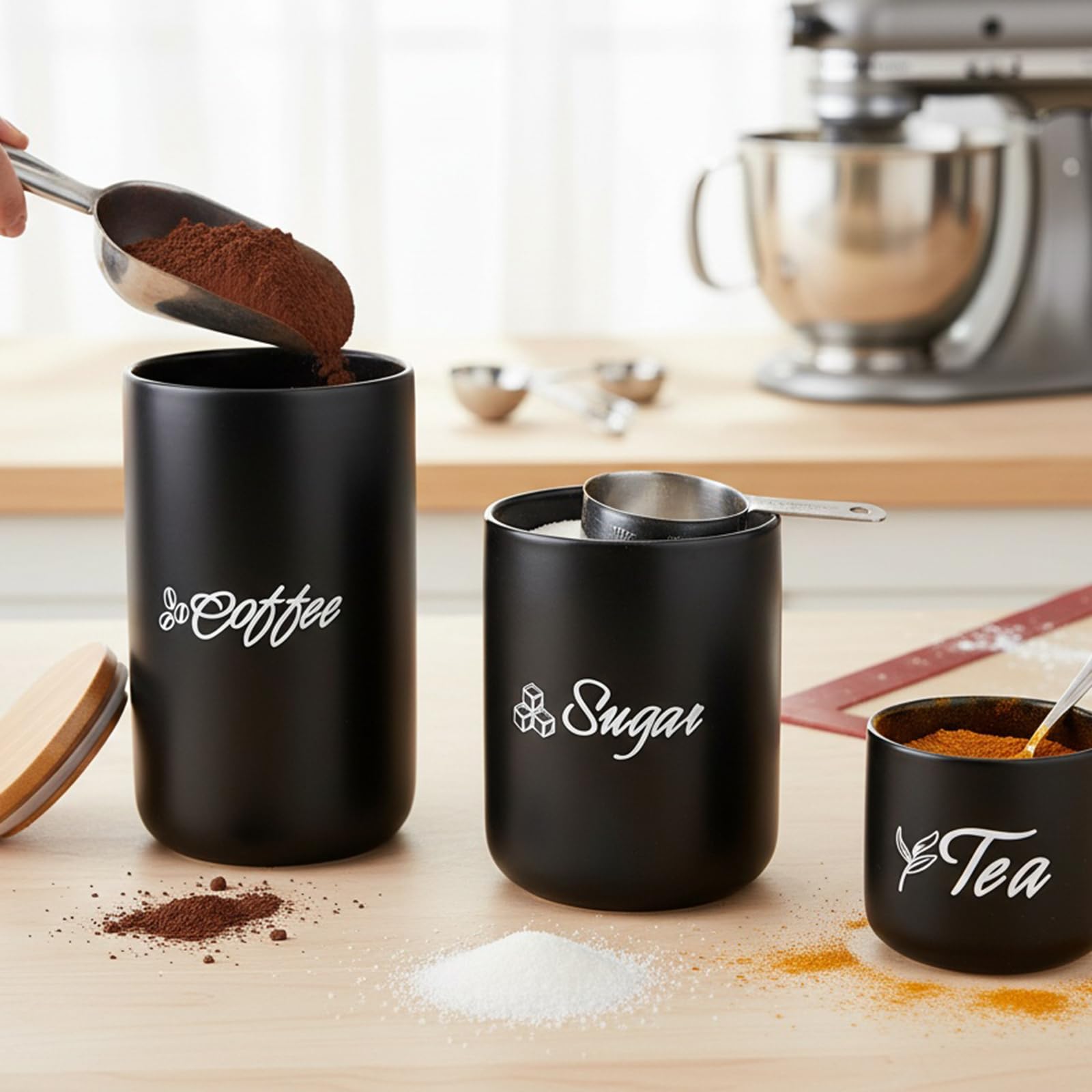 TOPZEA Set di 3 contenitori da cucina, in ceramica, con coperchio in bambù, ermetici, per tè, caffè, zucchero, cucina, vasetti per alimenti, vasetti per dispensa, piano di lavoro, nero