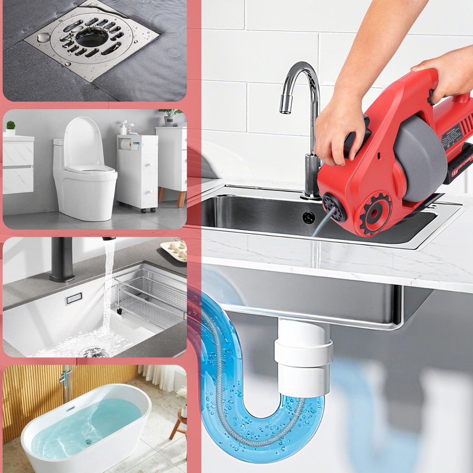 Fockety Sturalavandini elettrico, trivella elettrica senza fili 800 giri/min con batteria 2000 mAh, macchina ergonomica per la pulizia di scarichi WC, lavelli da vasche da bagno (Spina europea)