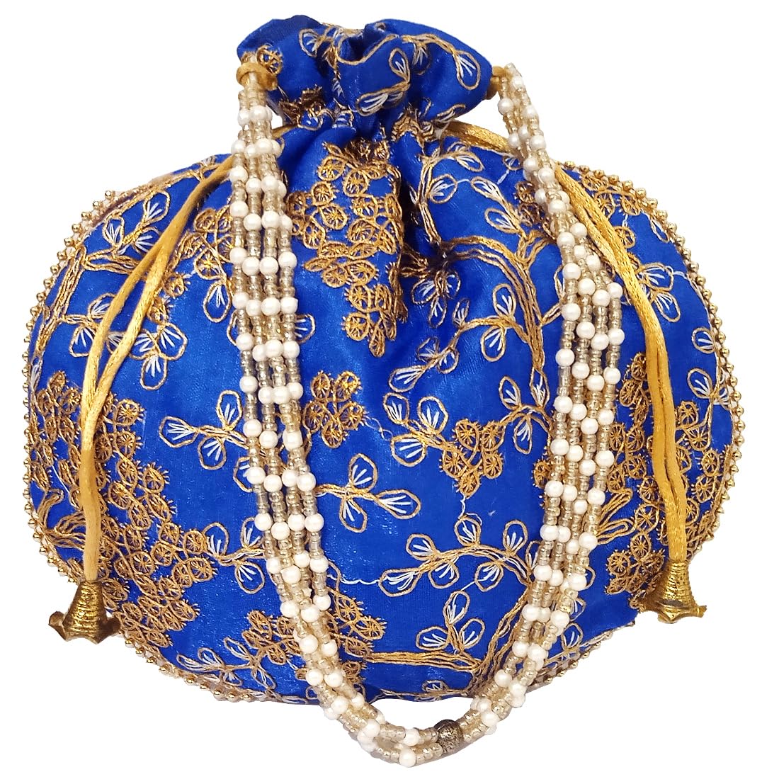 Purpledip Silk Potli Bag (Clutch, Drawstring Purse): Intricate Gold Thread & Sequin Embroidery Satchel For Women, Blue (