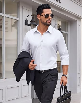 Mens Stretch Dress Shirts Long Sleeve Button Down Shirt, Wrinkle Resistant