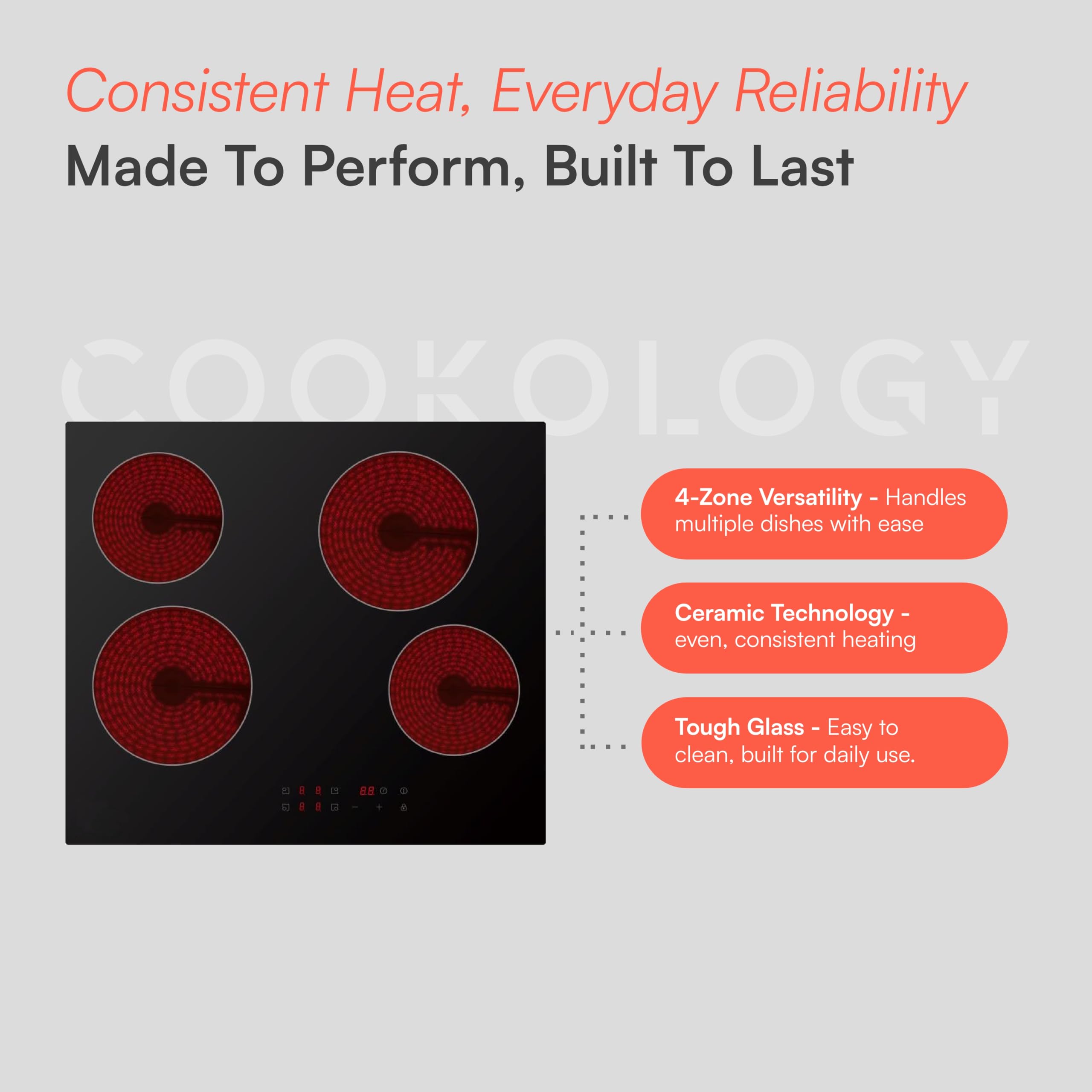Cookology CET601 60cm Ceramic Hob - 4 Zone 6000W Electric Hob - Touch Control Panel - 9 Power Levels - Residual Heat Indicators & Child Lock — view 6