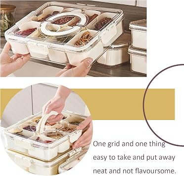 Snackle Box,Snack Box with compartments,Lidded and Handled compartmentalised Snack Tray, Food Storage Container for Parties and picnics, Transparent Storage Box for Vegetables, Sweets, Fruit and Nuts