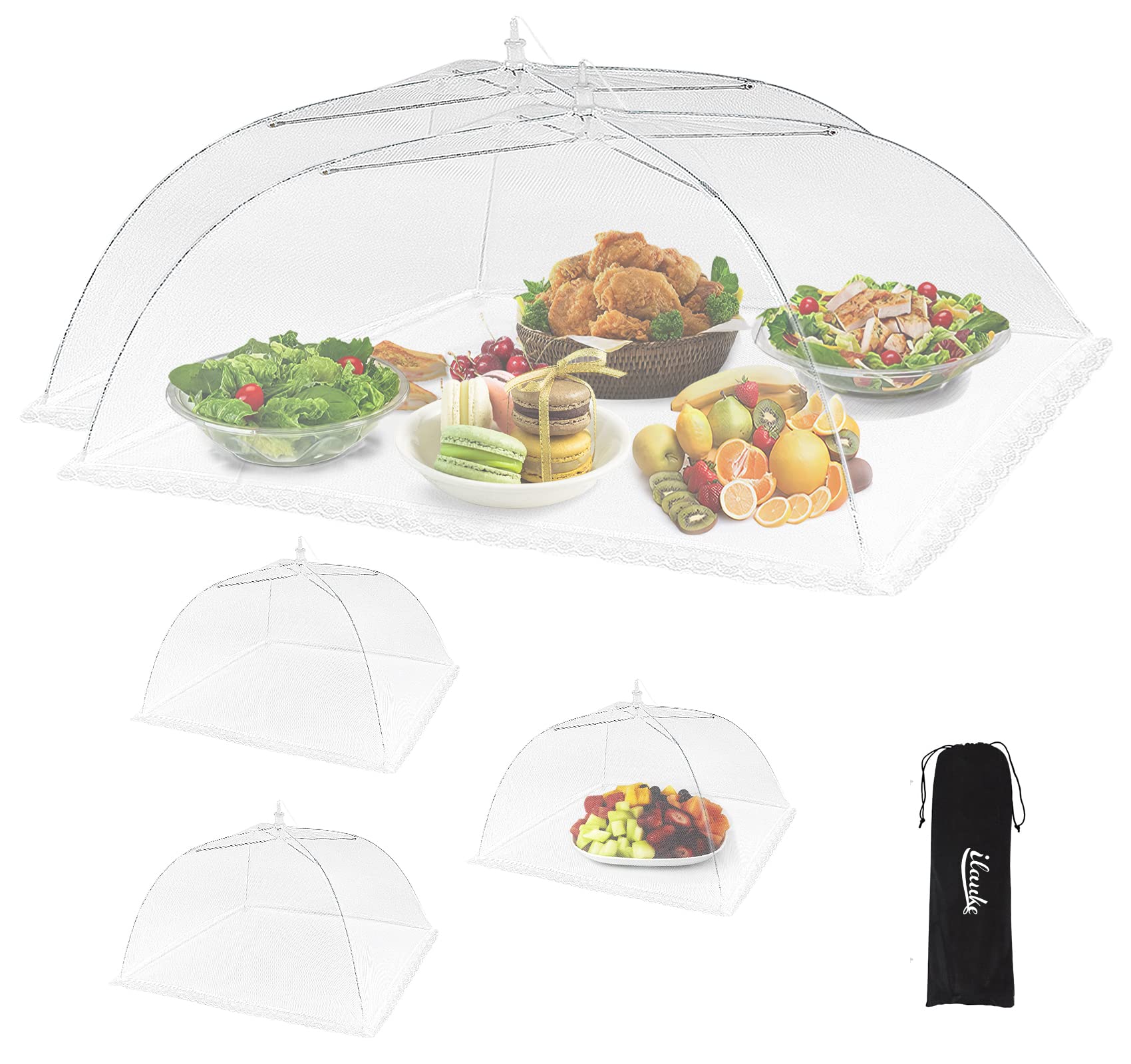 ilauke 5 Pack Food Covers Mesh Pop Up, 2 Extra Large 100 x 60cm & 3Pcs 43 x 43cm Food Cover, Collapsible Food Net Cover with Carry Bag for Outdoor BBQ, Picnic, Garden Party, Cake, Fruit โ image 1