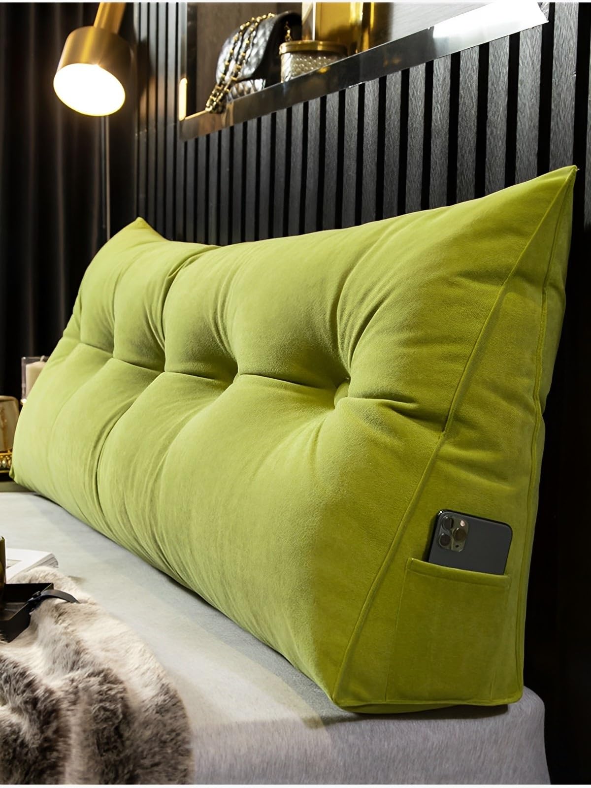 LUXUCURE Headboard Back Rest Cushion Support Pillow,Triangular Large Reading Pillow with Side Pocket,Lumbar Support Back Wedge Pillow for Bedroom Bed Bay Window Tatami Sofa,Green,100x50x20cm