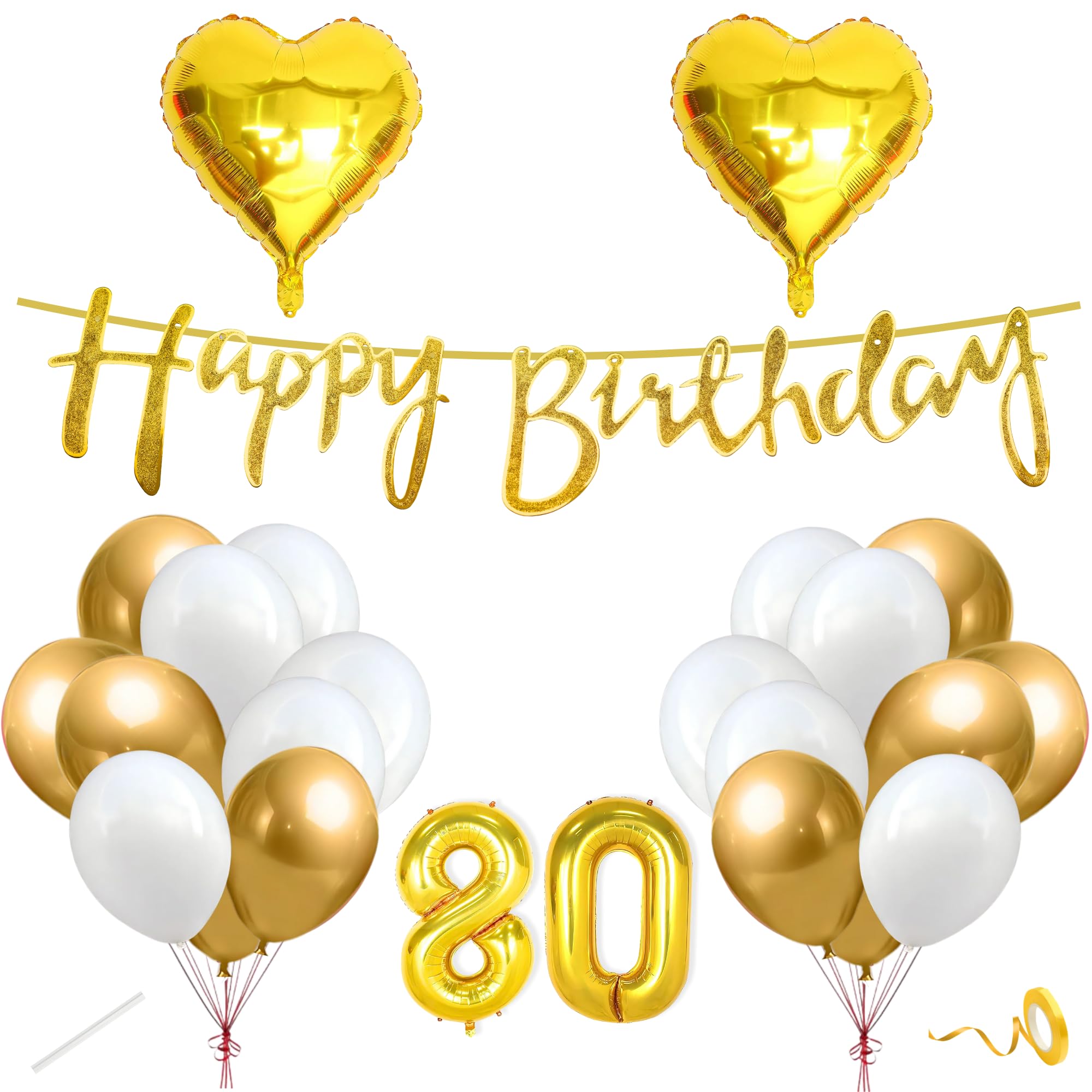Flyloons 80th Happy Birthday Decoration Kit Gold White for Boys Girls Husband Wife Father Mother Adults With 20 Pcs Chrome Balloons Birthday Banner 2 Pcs Heart Items Set Golden-image-37