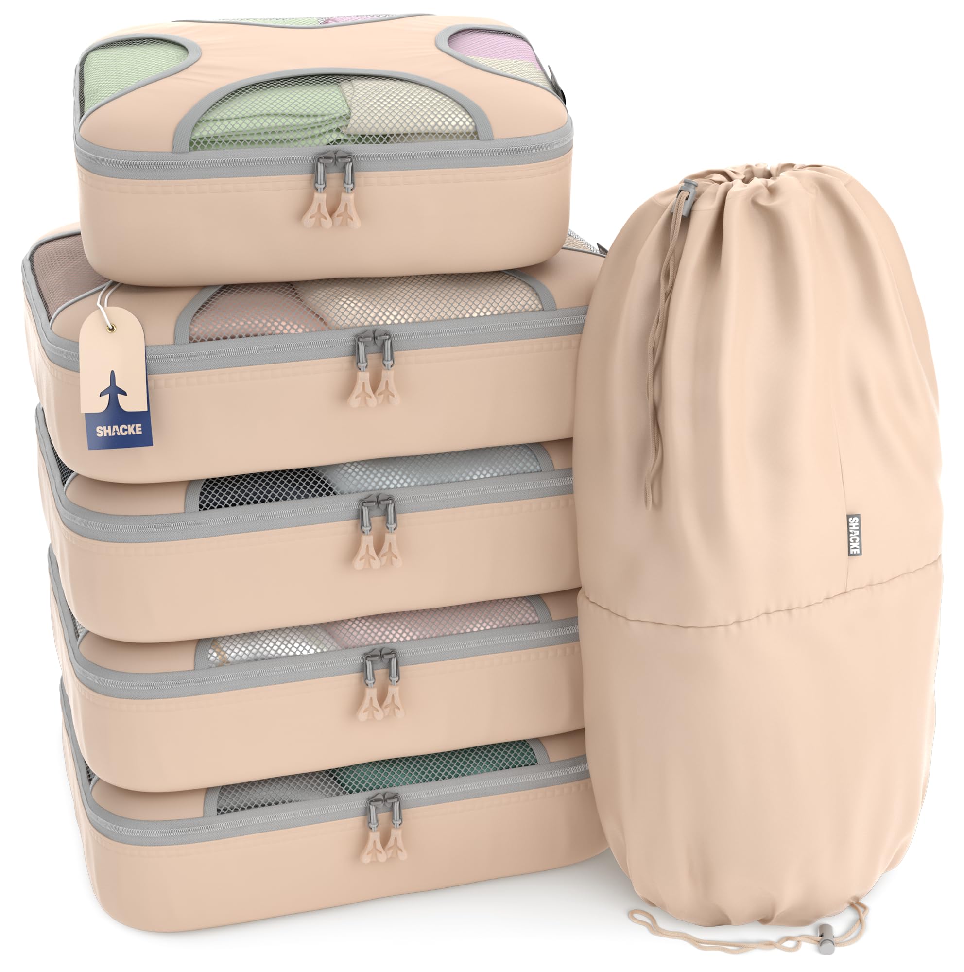 Shacke 6 Set Packing Cubes for Travel - Compression Packing Bags/Travel Organizer - Luggage Organizer Bags for Traveling - Travel Essentials for Women - Cruise Must Haves Packing List, Nude Biege