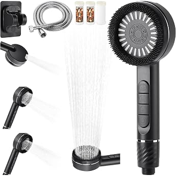 Massage Duschkopf Hochdruck Handbrause mit Schlauch 4 Strahlarten Duschkopf Wassersparend mit Filtration Duschbrause 3 Ersatzfilter