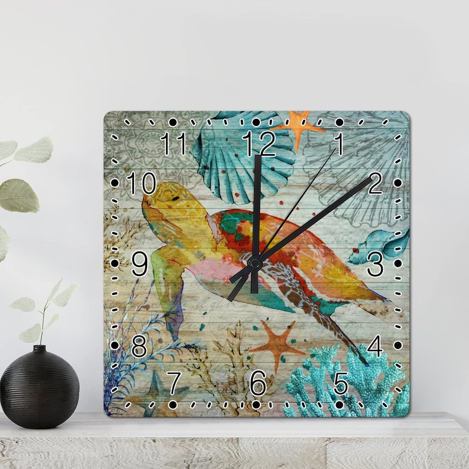 Horloge murale en bois carrée tortue de mer deco murale rustique salon