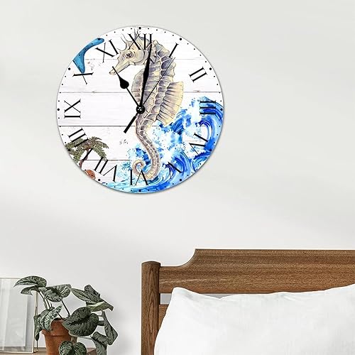 Miniatura 4 de Reloj de pared antiguo con forma de caballito de mar con estrellas de mar de PVC, reloj de pared colgante con números romanos de 10 pulgadas,
