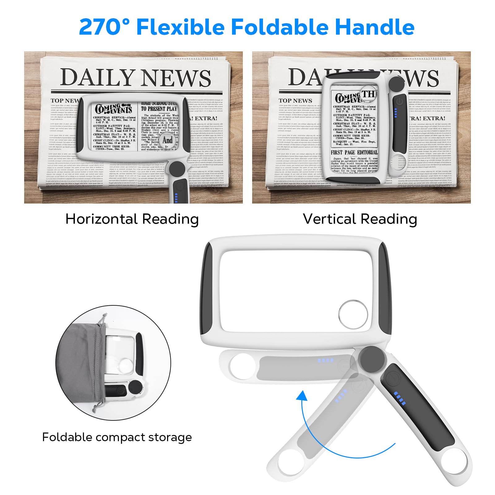 MoKo Magnifying Glass for Reading, Rechargeable 5/20/45X Full Page Book Magnifier with Light 3 Modes, Folding Handheld, Black