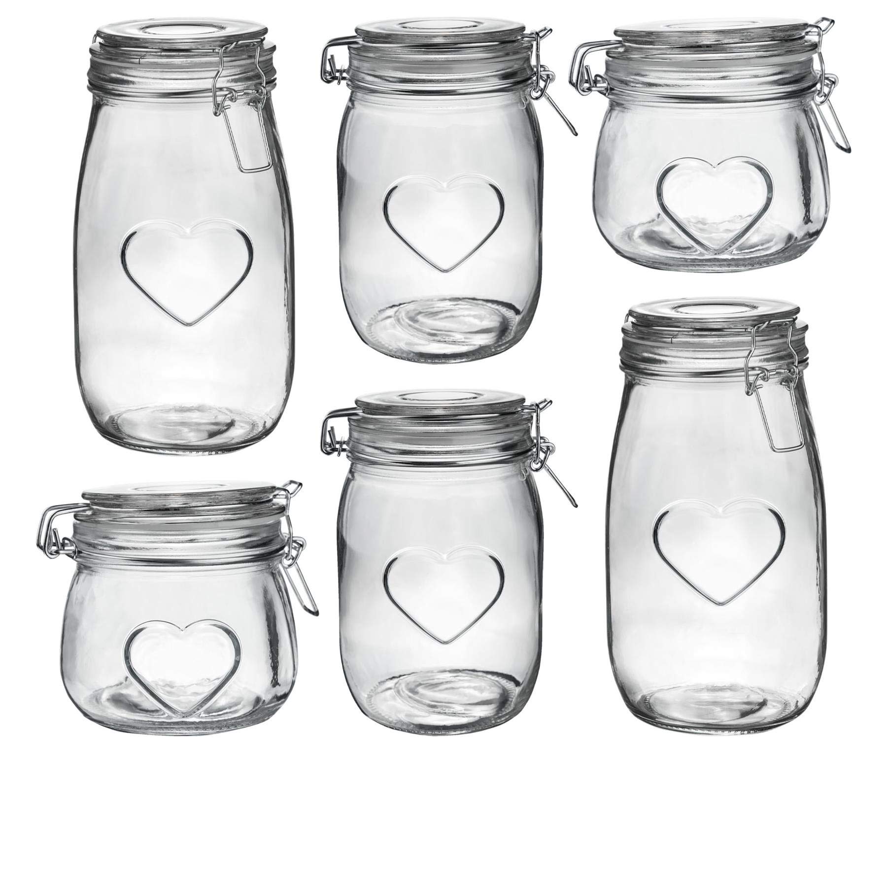 B&Q -  Heart Glass Storage JarsPack Of 23 Sizes Airtight Clip Top Kitchen Food Storage Containers Clear Seal