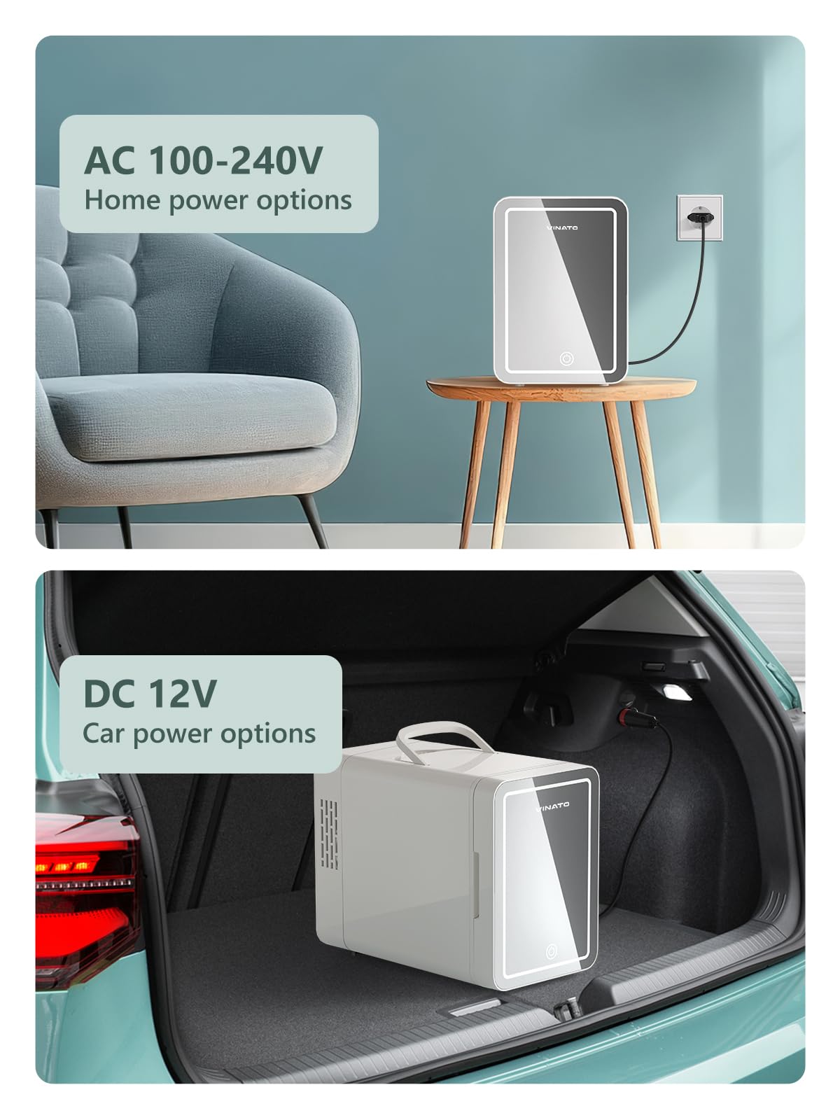 VINATO 6L Mini Nevera para Dormitorio, Nevera Skincare con Espejo LED, Portatil Nevera Pequeña 220 V AC / 12 V DC para Coche, Oficina, Dormitorio