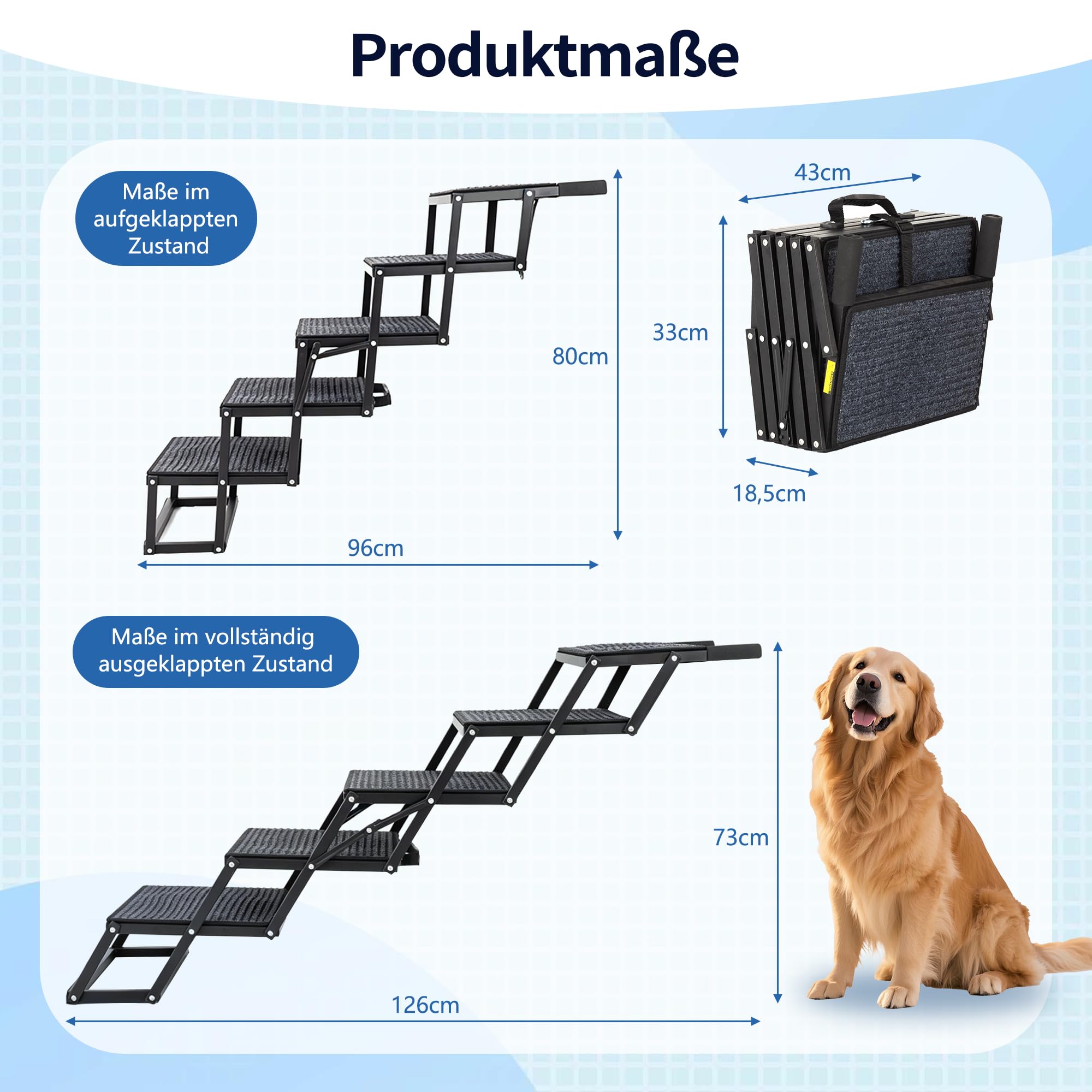 Thanaddo Hundetreppe Auto, 5-stufige Hundetreppe 80 cm für Große Hunde mit Teppich, Hunderampe Auto klappbar Extra Stabile Höhenverstellbar, Leichte Rampe Hund für alle Autos geeignet, bis zu 100KG