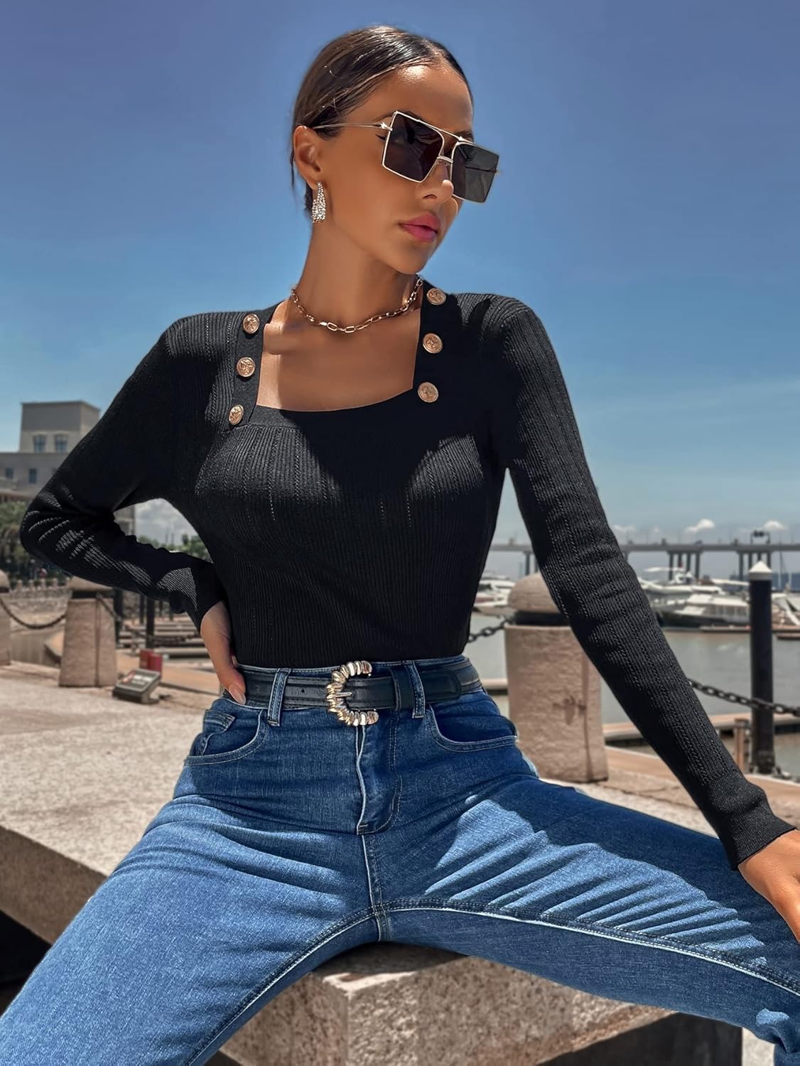 Women's Sweater Button Detail Square Neck Sweater Sweater for Women (Color : Black, Size : Large)