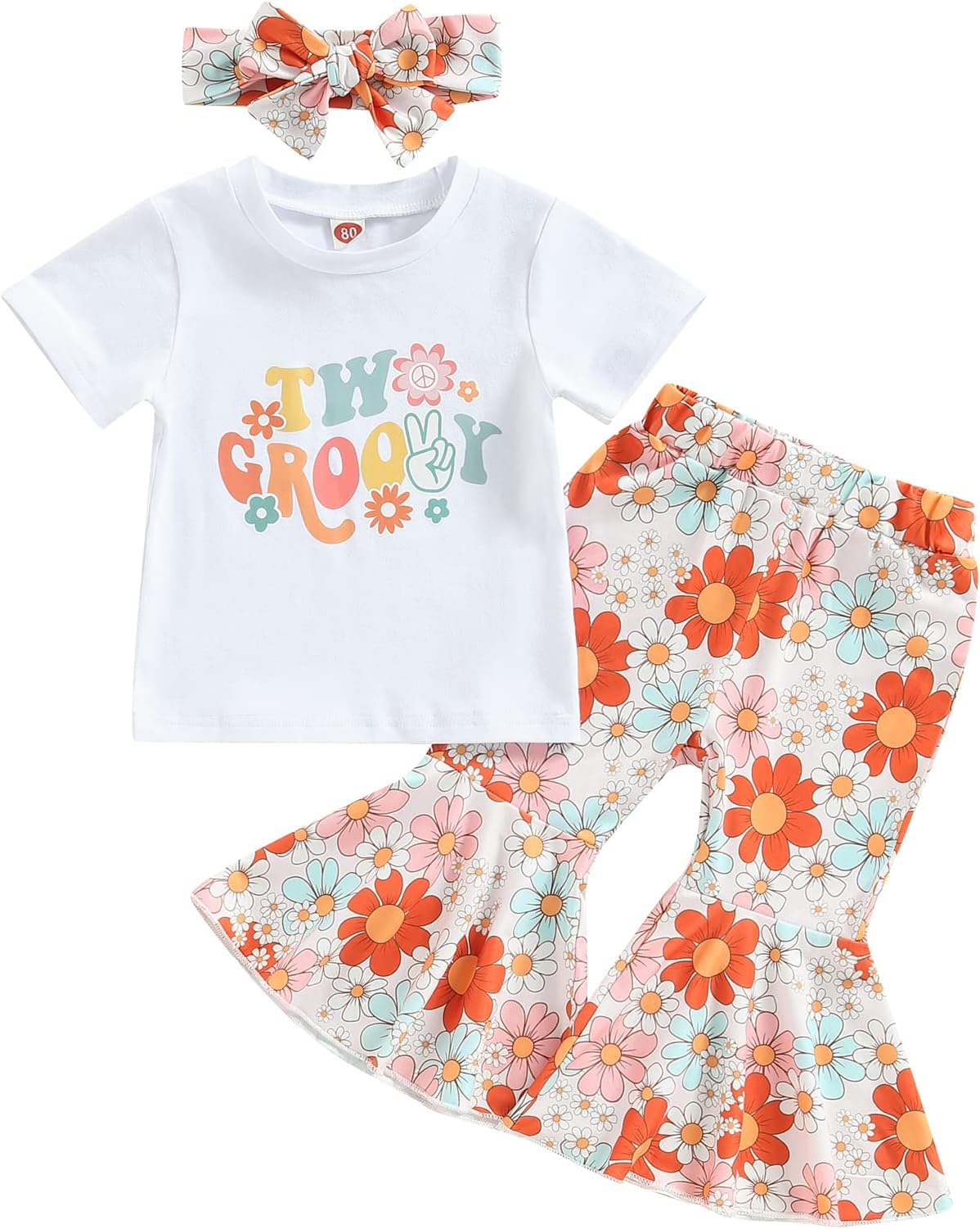 1/2 Birthday Outfit Girl Half Way To One Letter Crewneck Short Sleeve Romper Floral Print Flared Pants Headband