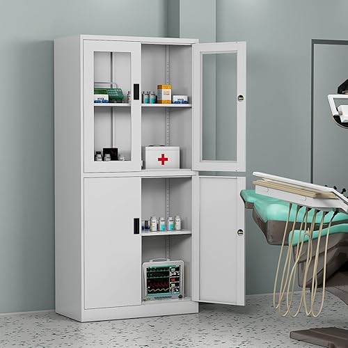 Miniatura 2 de MIIIKO Armario de almacenamiento de metal negro con puertas de cristal, armario de exhibición negro con estantes ajustables y puertas de bloqueo,