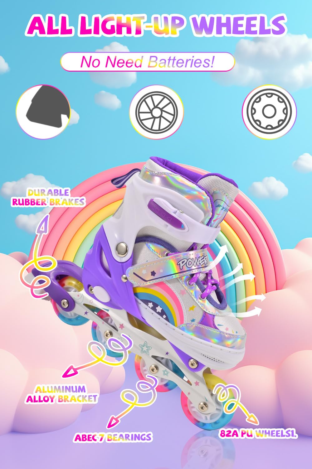 LOKJIJI Pattini in linea regolabili per bambini ragazze ragazzi principianti, Pattini a rotelle per bambino e adolescente per lo sport Viola Arcobaleno