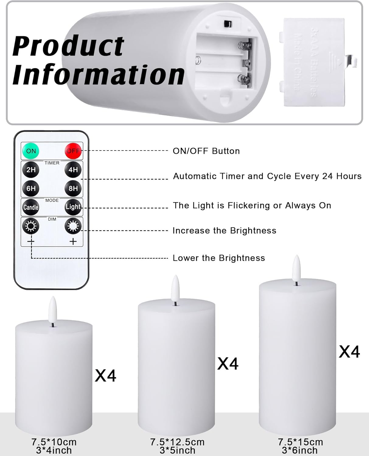 VIHOSE 12 Pack White Flameless Candles Set with Remote and Timer Flickering Flameless Battery Candles Flat Top LED Pillar for Wedding Outdoor Home Festival Decoration(D 3'' H 4'' 5'' 6'')