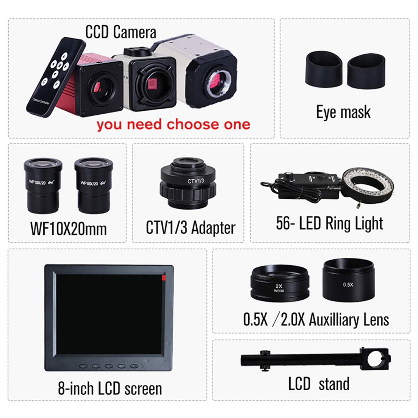 Mikroskop, ciągły zoom 3.5-90x Podwójny wysięgnik Stojak Większy Zakres Trinocular Stereo Kamera HD USB 8-calowy wyświetlacz LCD(Package 1)