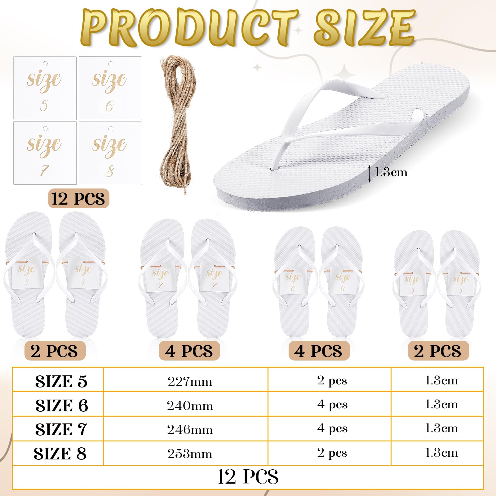 Sinmoe 12 Paar Flip Flops für Hochzeit Gäste 12 Stück Karten mit 4 Größen Gedruckt und Seil Pantoffeln für Hotel Spa Pediküre
