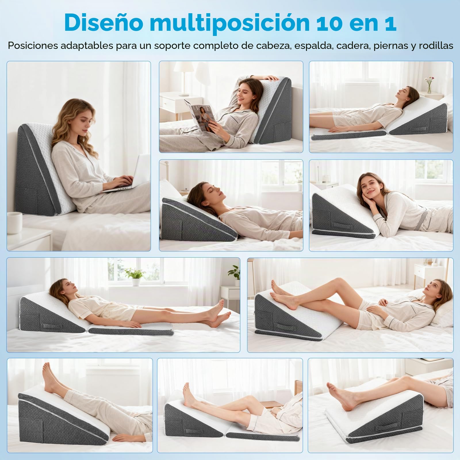 Almohada de cuña para cama y sofá con espuma viscoelástica, 50 x 50 x 26 cm - Almohada de descanso ajustable en altura, almohada de lectura para sofá/cama, para asiento y piernas, funda lavable