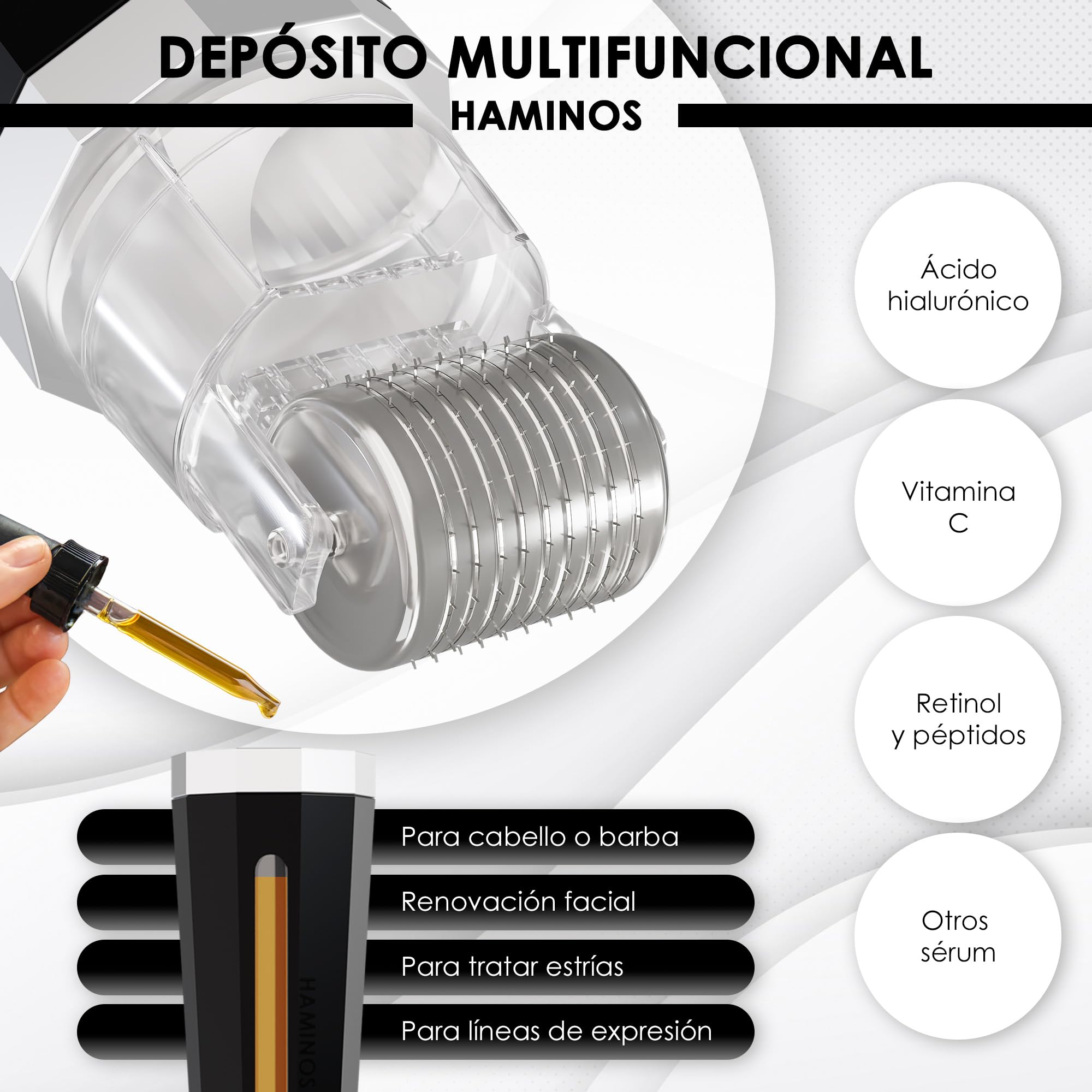 HAMINOS Derma roller 1 mm 3.0 con Depósito para Cabello, Barba, Piel, Arrugas, Estrías, Hiperpigmentación APLICACIÓN INSTANTÁNEA DEL SÉRUM, 520 Agujas de Titanio