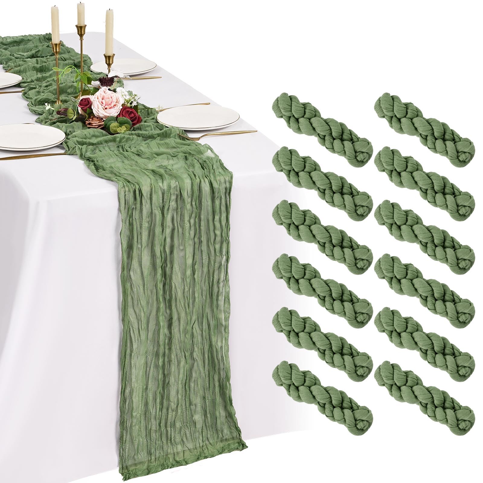 Showgeous 12 Pack Sage Green Cheesecloth Table Runners,21x120 Inch