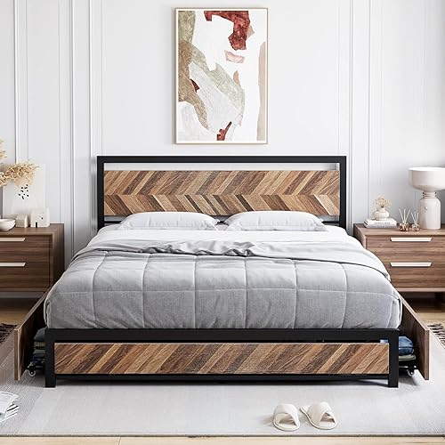 Miniatura 1 de GAOMON Base de cama tamaño Queen con 4 cajones de almacenamiento, plataforma de metal con cabecera de madera rústica vintage, fuerte soporte de