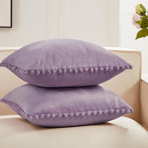 Vista 185 de Deconovo Juego de 2 fundas de almohada de terciopelo, 20 x 20 pulgadas, color verde azulado, cuadradas, con pompones, suaves, con cremallera