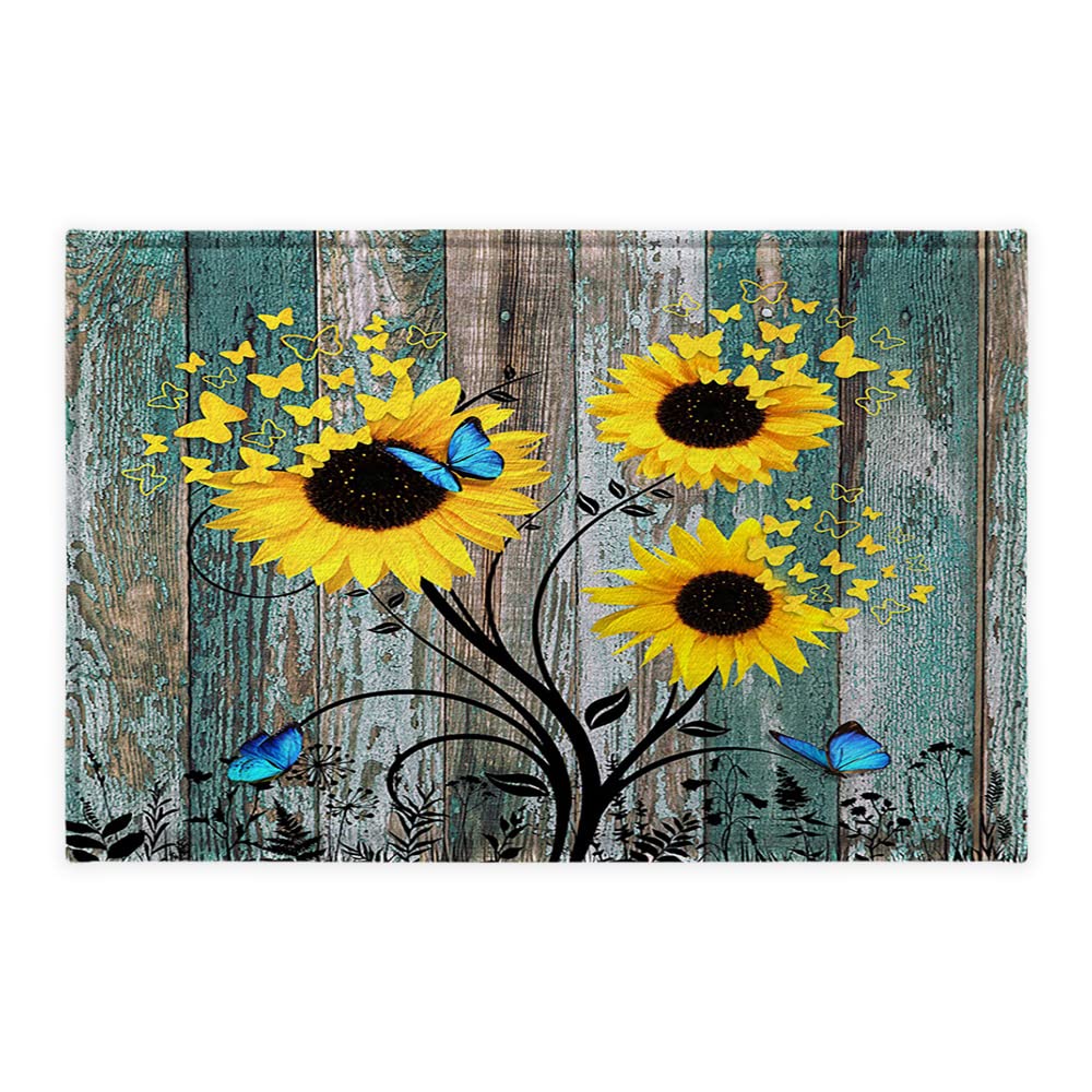 Grtuspr Sunflower Bath Rug, Teal Blue Butterfly on Vintage Rustic Plants Country Wood Bath Rug, Farmhouse Funny Butterfly Waterproof Non Slip Bathroom