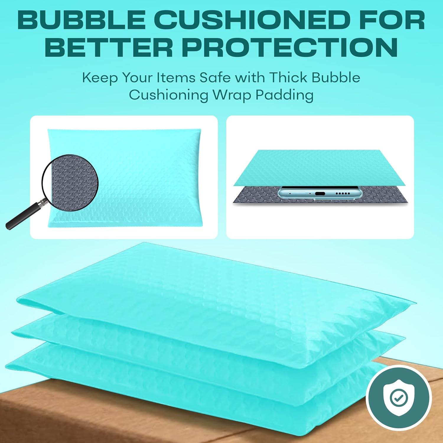 Teal 10.5x16 Inch Large Poly Bubble Mailers #5 | Padded Envelopes with Self Seal | Air Lined Cushioned Bubble Mailer | Usable Size 10.5x15 | 100 Pack Bulk | Lightweight shipping Bags