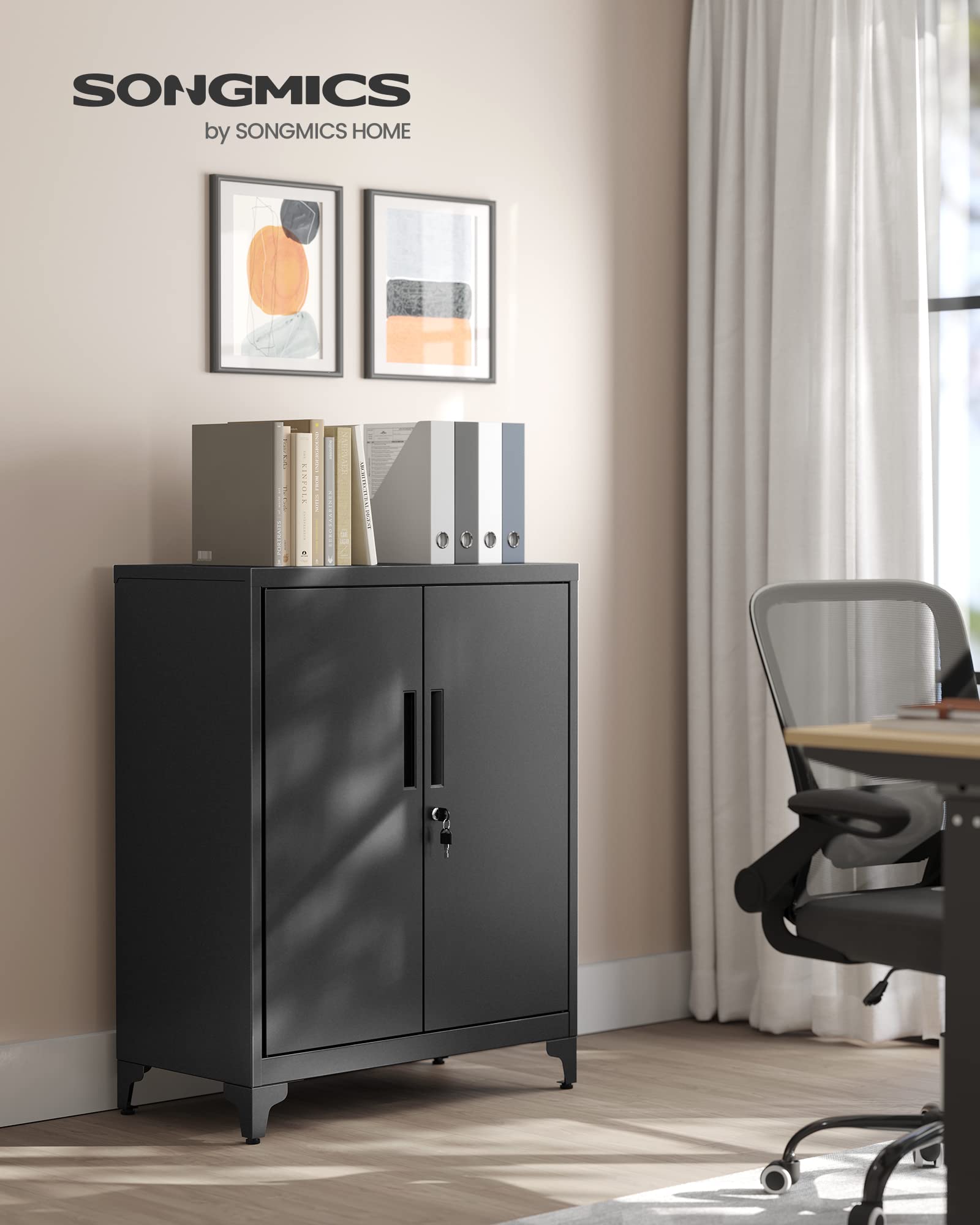 SONGMICS Caisson de Bureau, Placard Polyvalent, Armoire de Bureau à 2 Portes, Verrouillable, en Acier, pour Salon, Noir Mat OMC013B01
