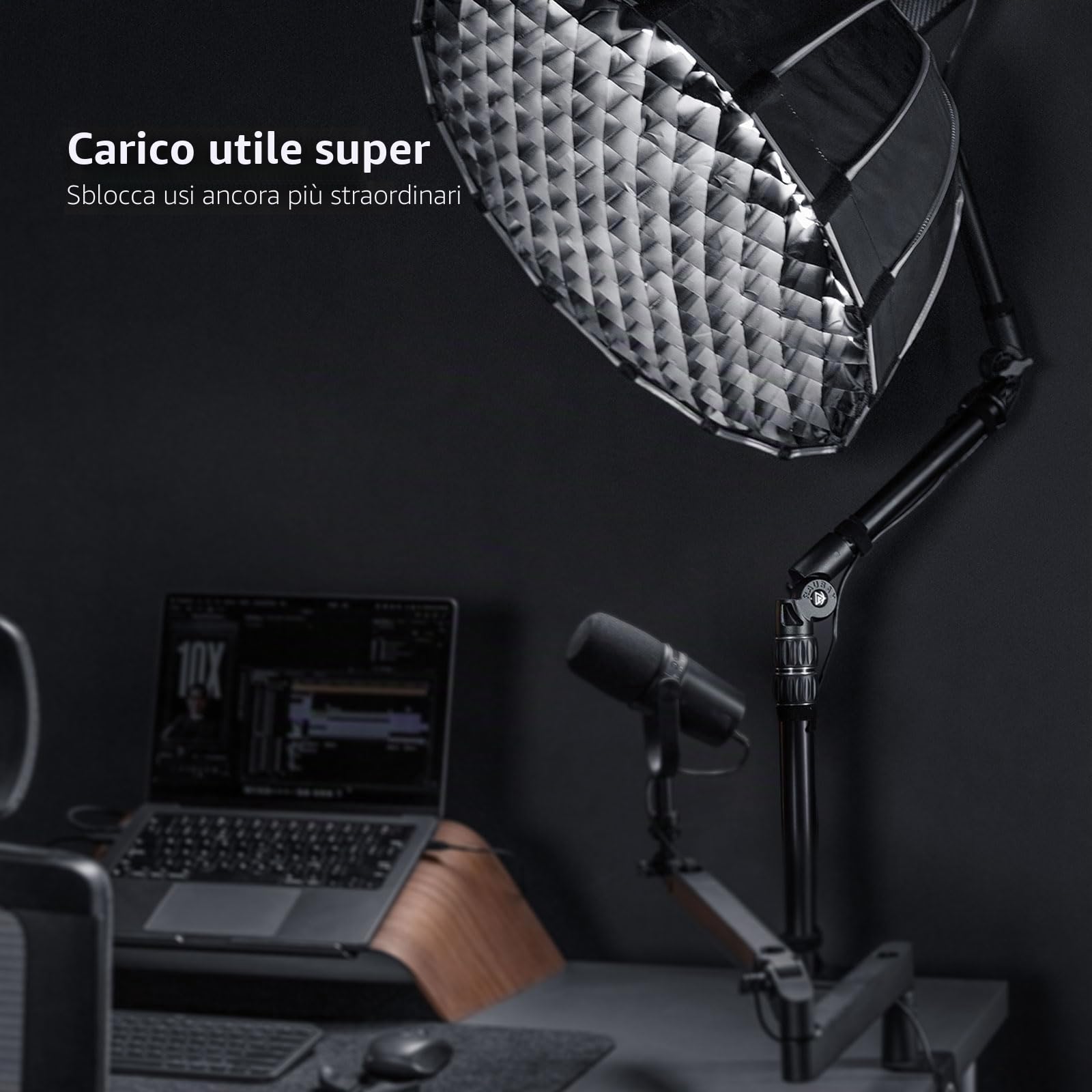 Tutto in metallo: braccio magico RAUBAY da tavolo, supporto da tavolo per fotocamera, supporto per luce da tavolo con testa a sfera da 1/4", adattatore da 3/8" e 5/8", morsetto a C, braccio retrattile