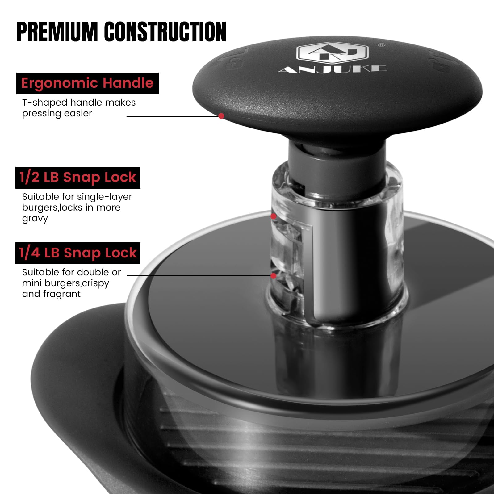 ANJUKE Burger Press, 6.4 inch Round Burger Smasher, 2 in 1 Non-Stick Burger Press Patty Maker for Making 1/2 lb and 1/4 lb BBQ Baking Stuffed Burgers Beef Burger(Black) — view 5