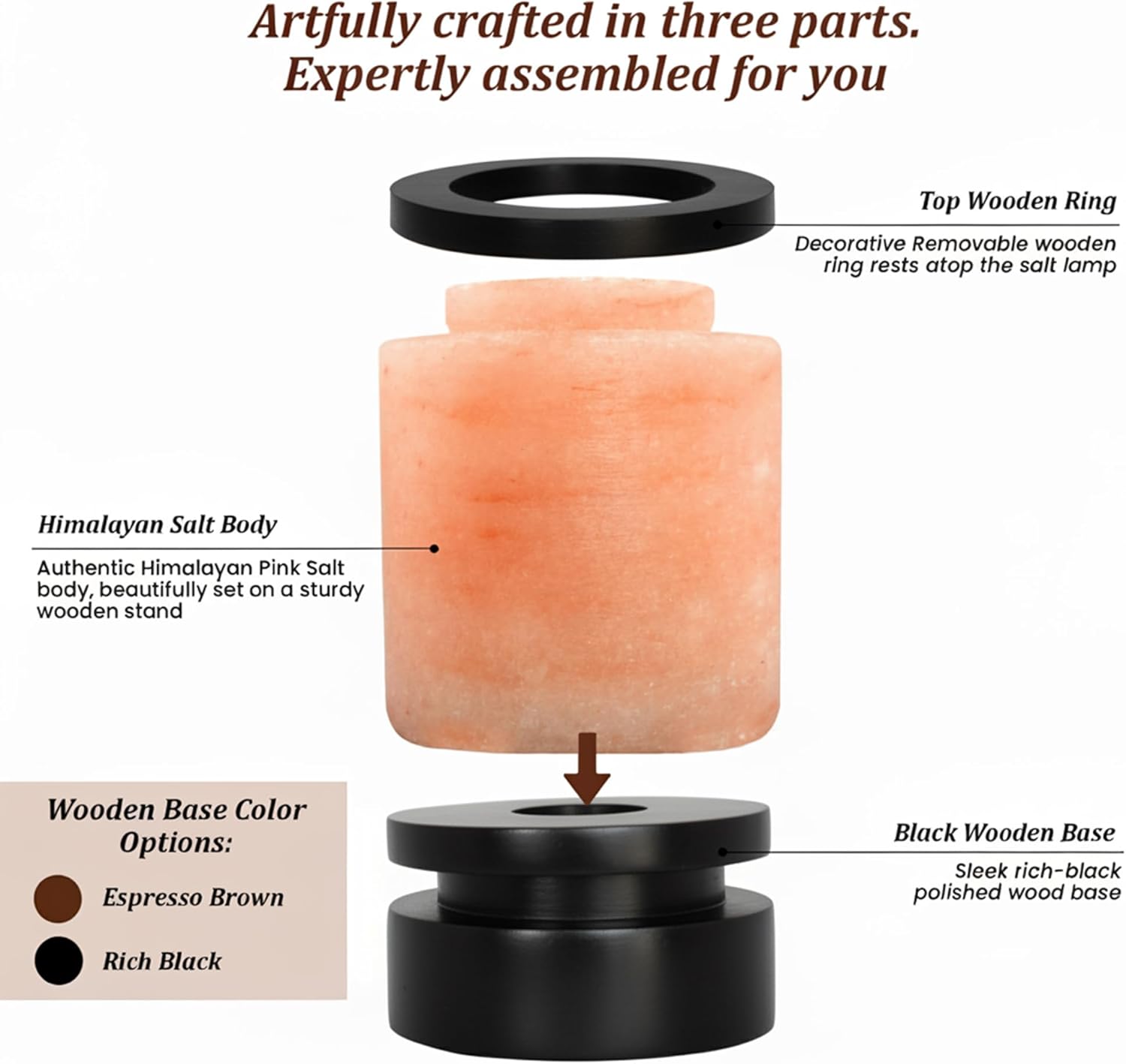 POHS Himalayan Pink Salt Round Lamp with Premium Black Polished Wooden Base, 60'' Long Dimmer Switch Cord and Two Light Bulbs; Hand Crafted,for Home, Office and Gift for Christmas