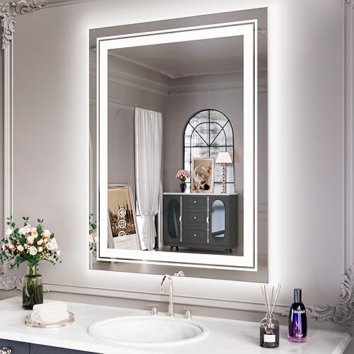 Miniatura 160 de Espejo LED de baño, 36 x 36 pulgadas con luz frontal y retroiluminada, antiniebla, espejo de tocador de baño para pared, función de memoria